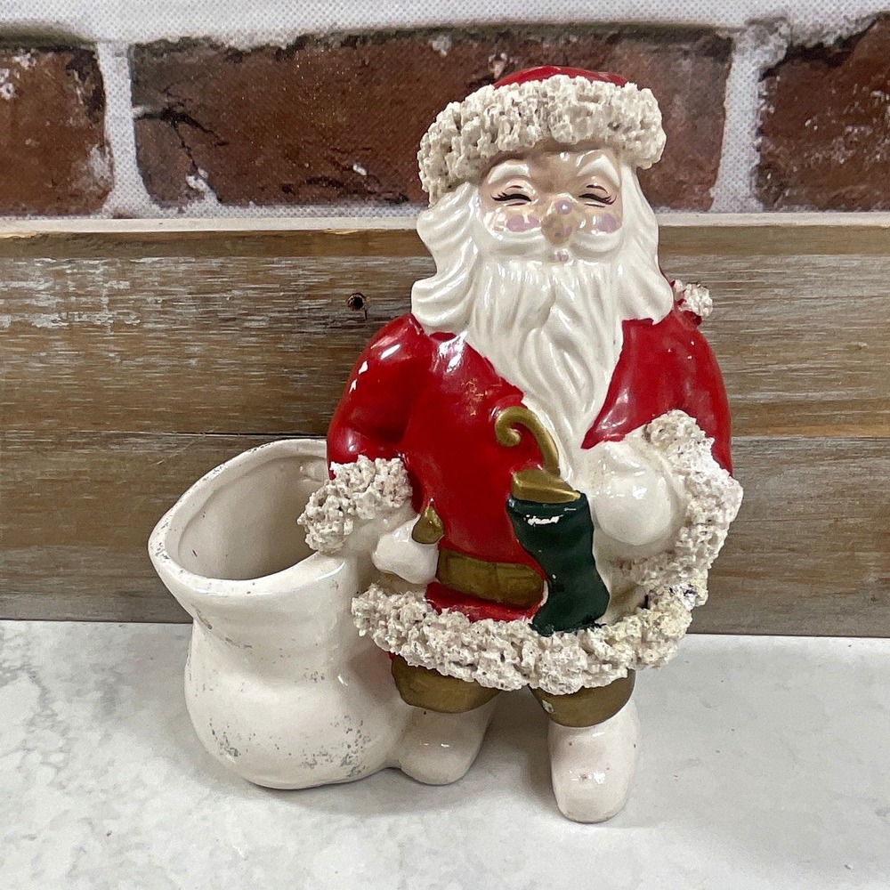 Hand Painted Glazed Ceramic Santa Claus Figurine Planter Red White Green Gold